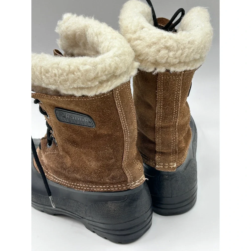 Kamik Waterproof Brown Suede Winter Duck Boots Faux Fur Trim Lace Up Mens 8